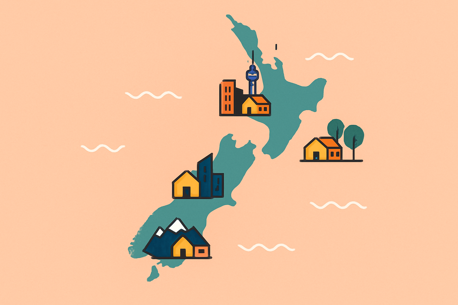 Carte des régions clés de la Nouvelle-Zélande avec indication des prix immobiliers moyens et spécificités régionales.