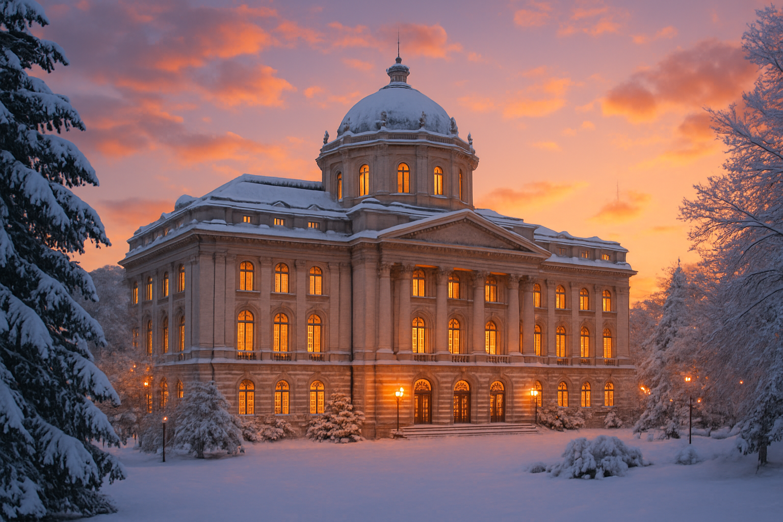 Vue hivernale du Palais du Parlement sous la neige illuminée au coucher du soleil