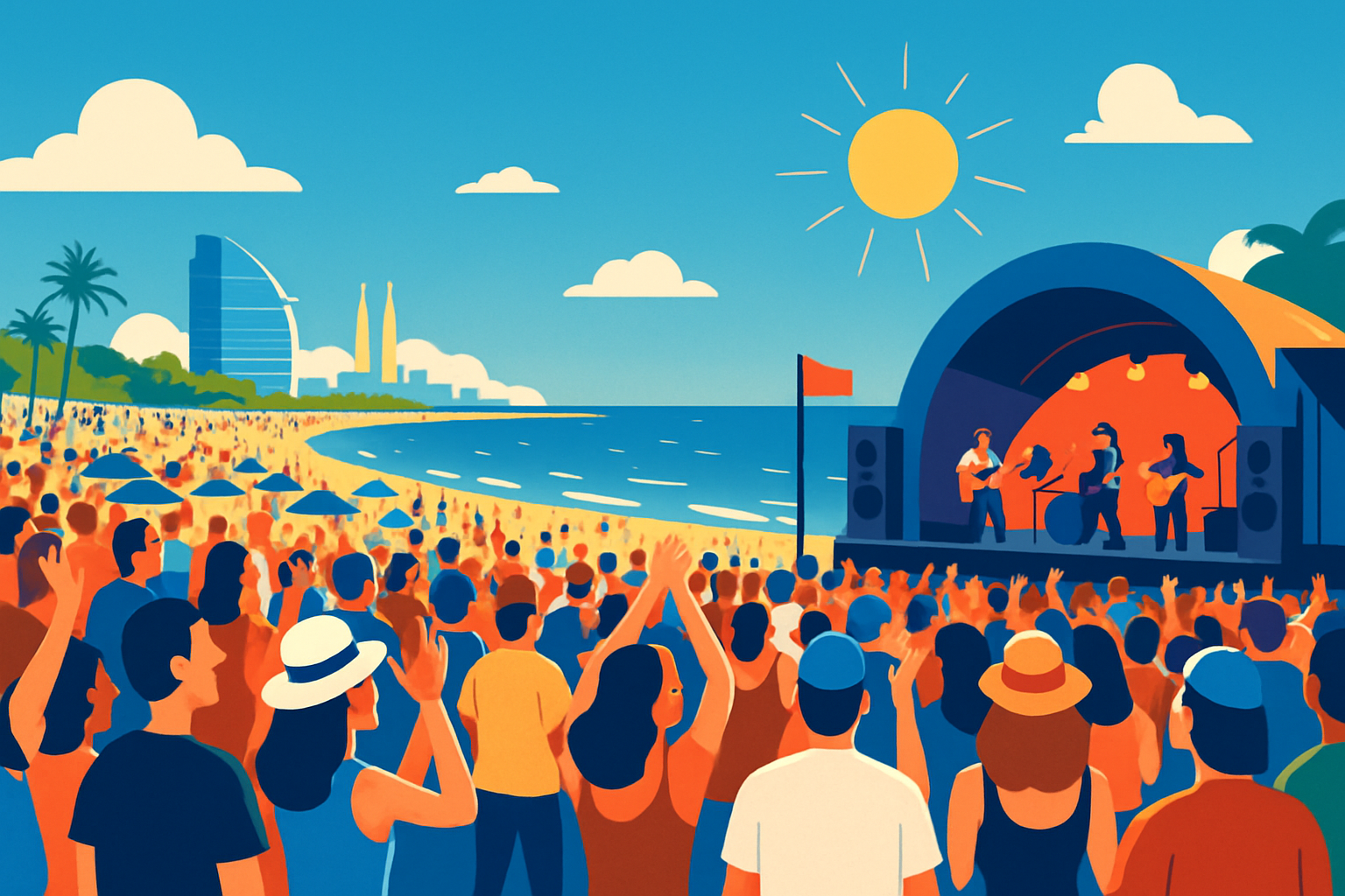 Festival de musique en plein air sur une plage de Barcelone en juin