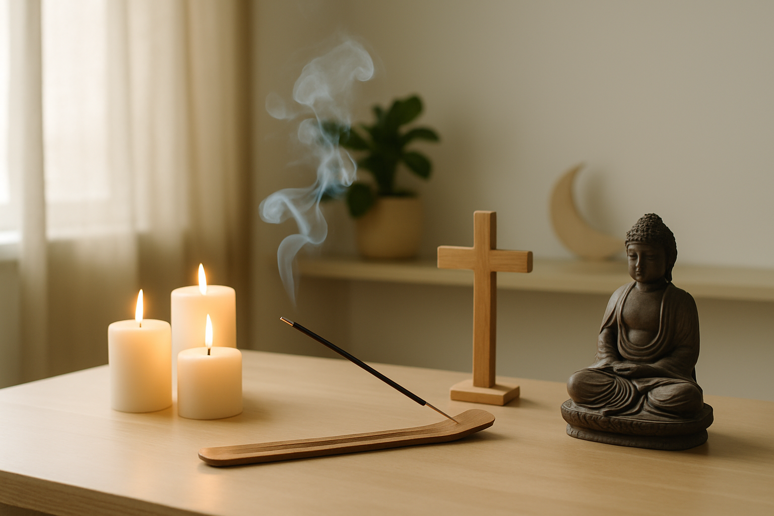 Espace sacré préparé pour la prière de purification avec bougies allumées et objets spirituels.