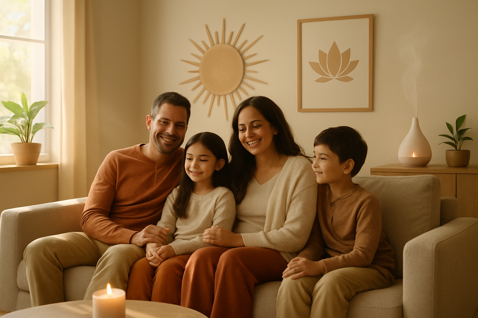 Famille apaisée profitant d’une atmosphère purifiée et harmonieuse dans leur maison.