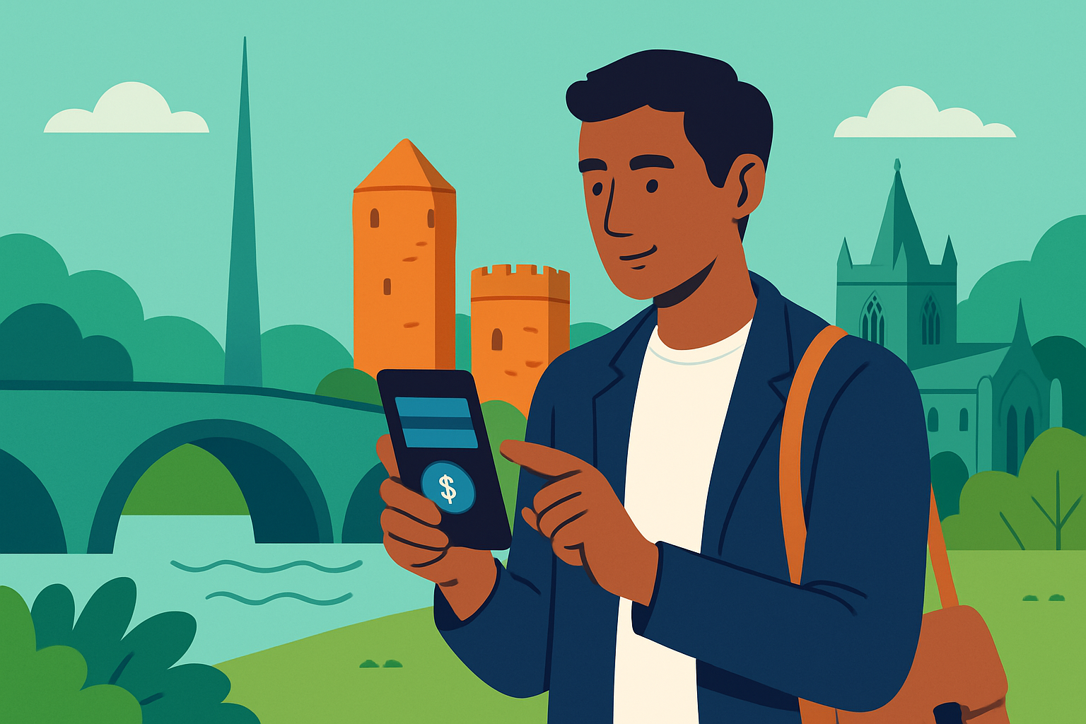 Un expatrié utilisant une application bancaire sur smartphone avec des monuments emblématiques irlandais en arrière-plan