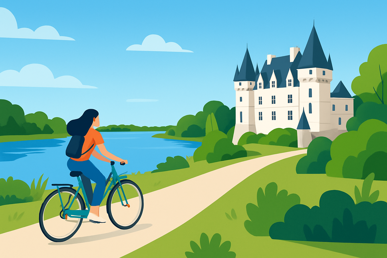 Photo panoramique d’une portion typique de la Loire à Vélo, montrant piste cyclable, Loire, et châteaux.