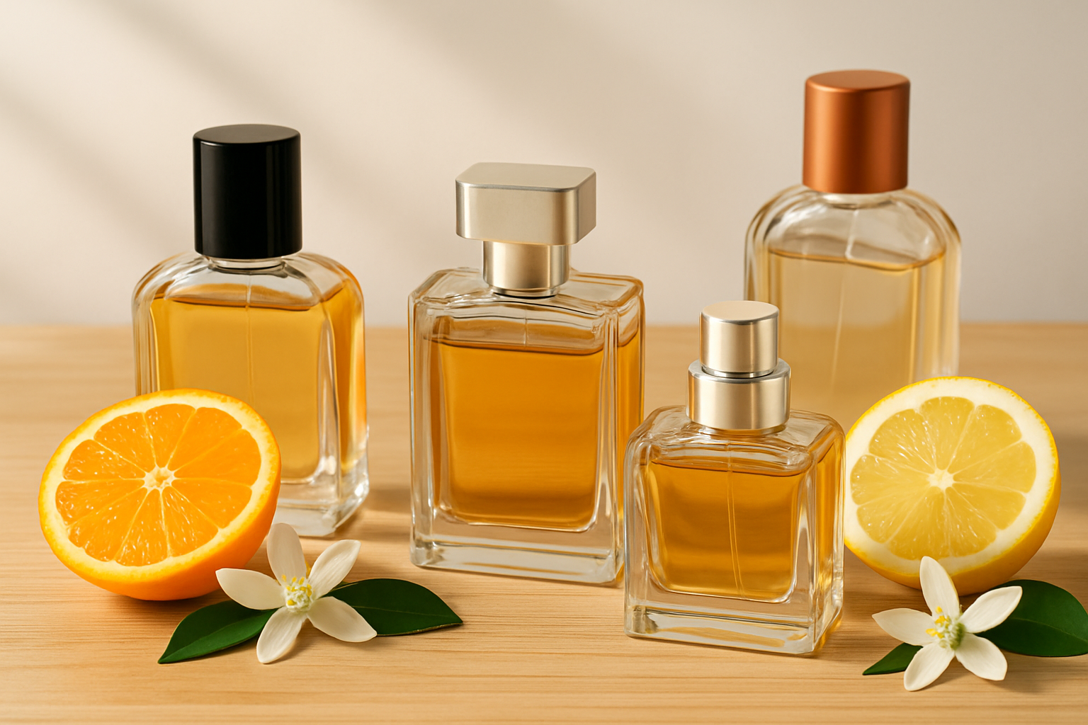 Sélection de flacons représentant les virtuoses de Cologne, illustrant la fraîcheur et la sophistication des fragrances.