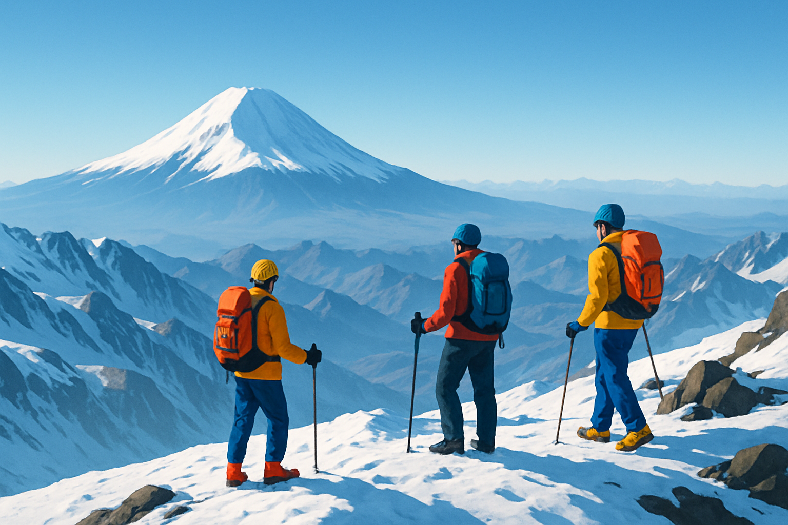 Vue panoramique du sommet du Mont Ararat avec des randonneurs en équipement coloré, mettant en valeur la beauté du paysage enneigé et le terrain exigeant.