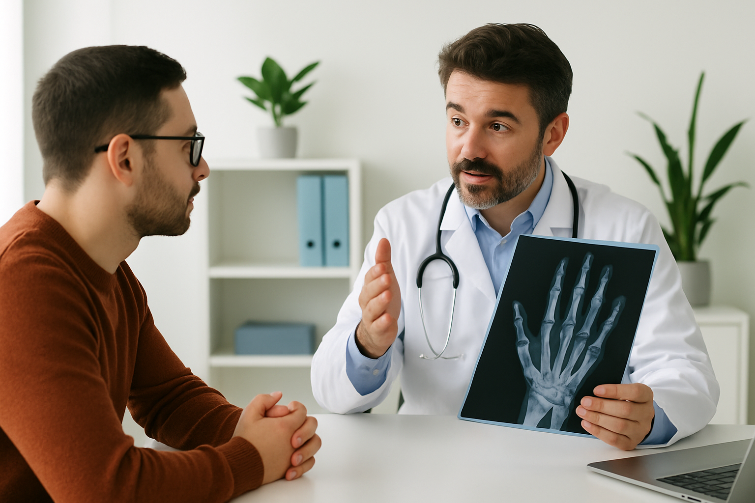 Consultation médicale avec présentation d'une radiographie de fracture de la main à un patient