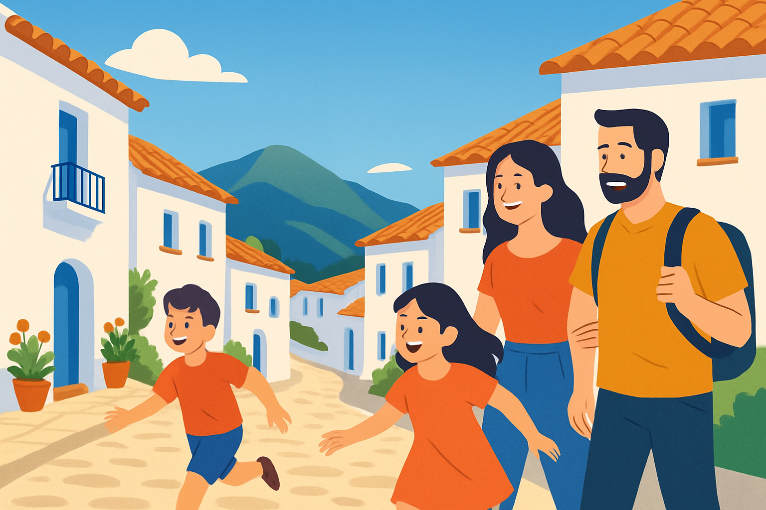 Découverte joyeuse d'un village blanc typique d'Andalousie en famille