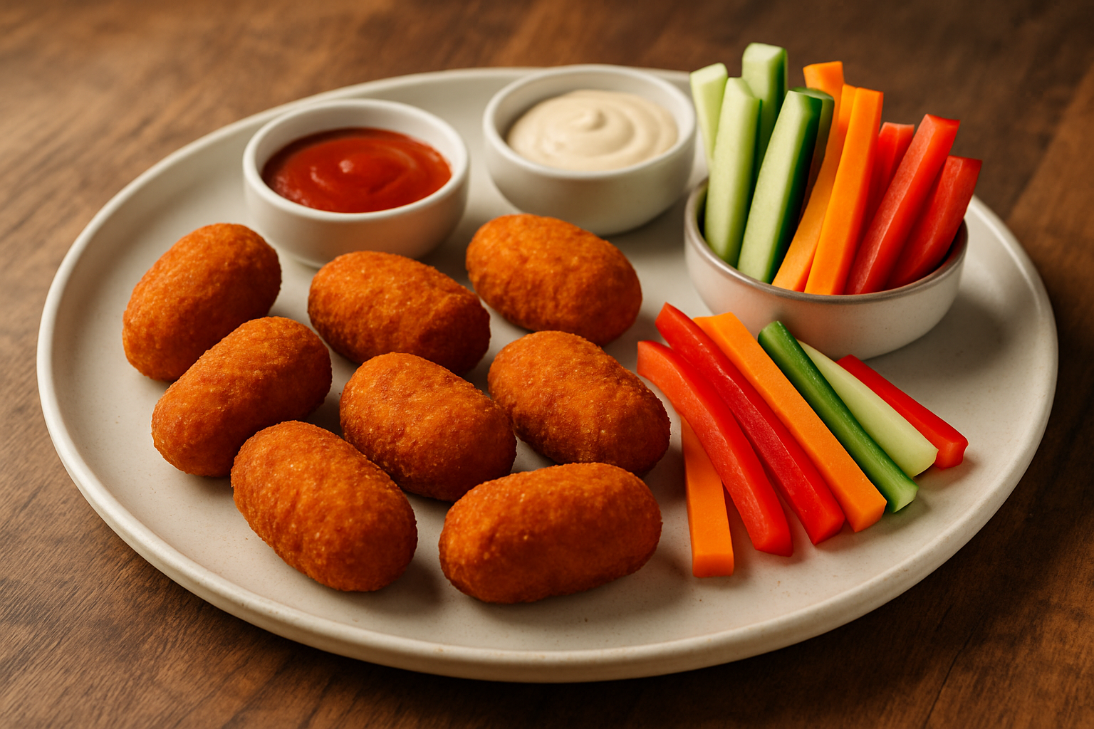 Présentation soignée de croquettes chorizo accompagnées de légumes croquants et sauces variées