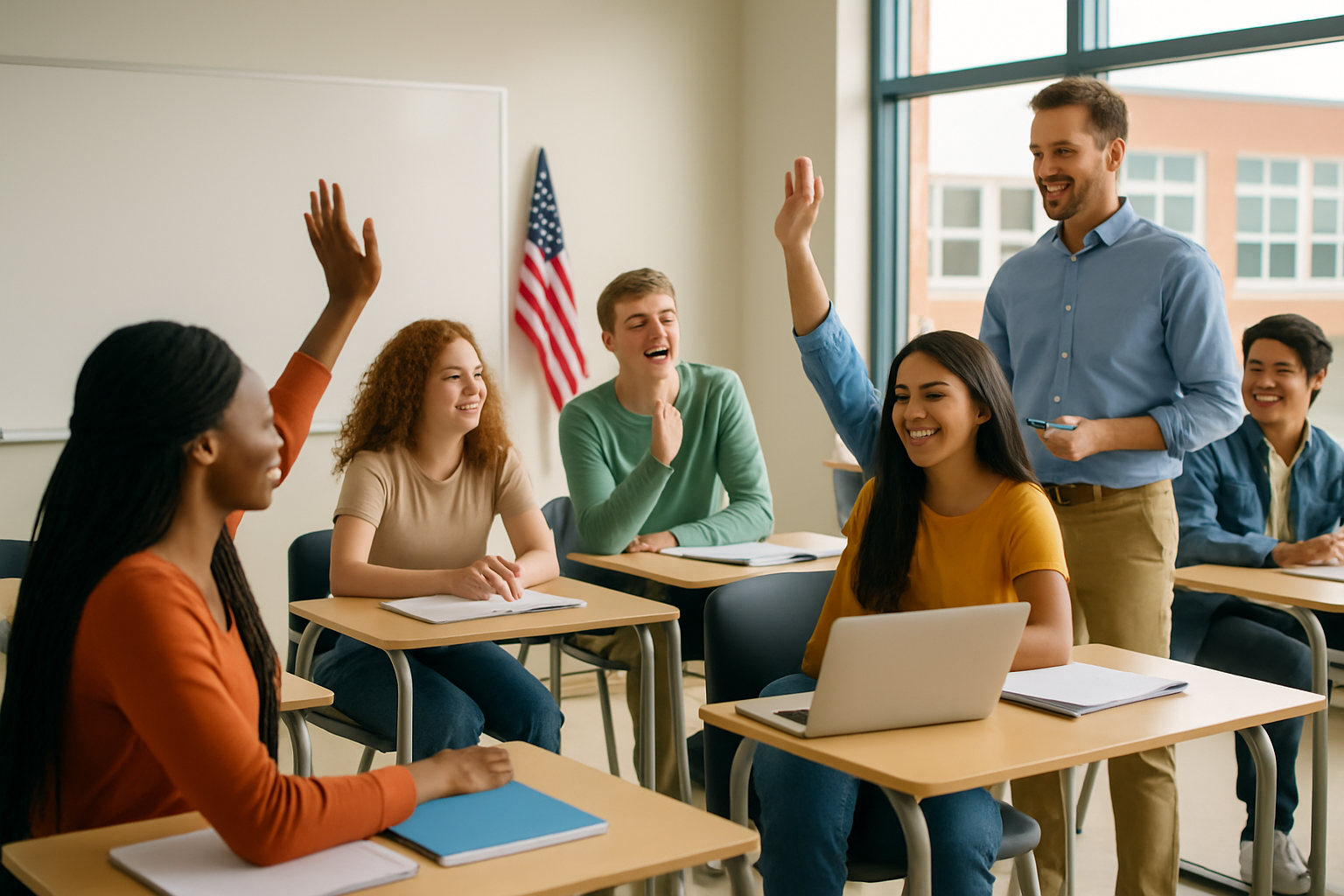 Une classe américaine typique mettant en avant la participation active des élèves et la diversité culturelle.