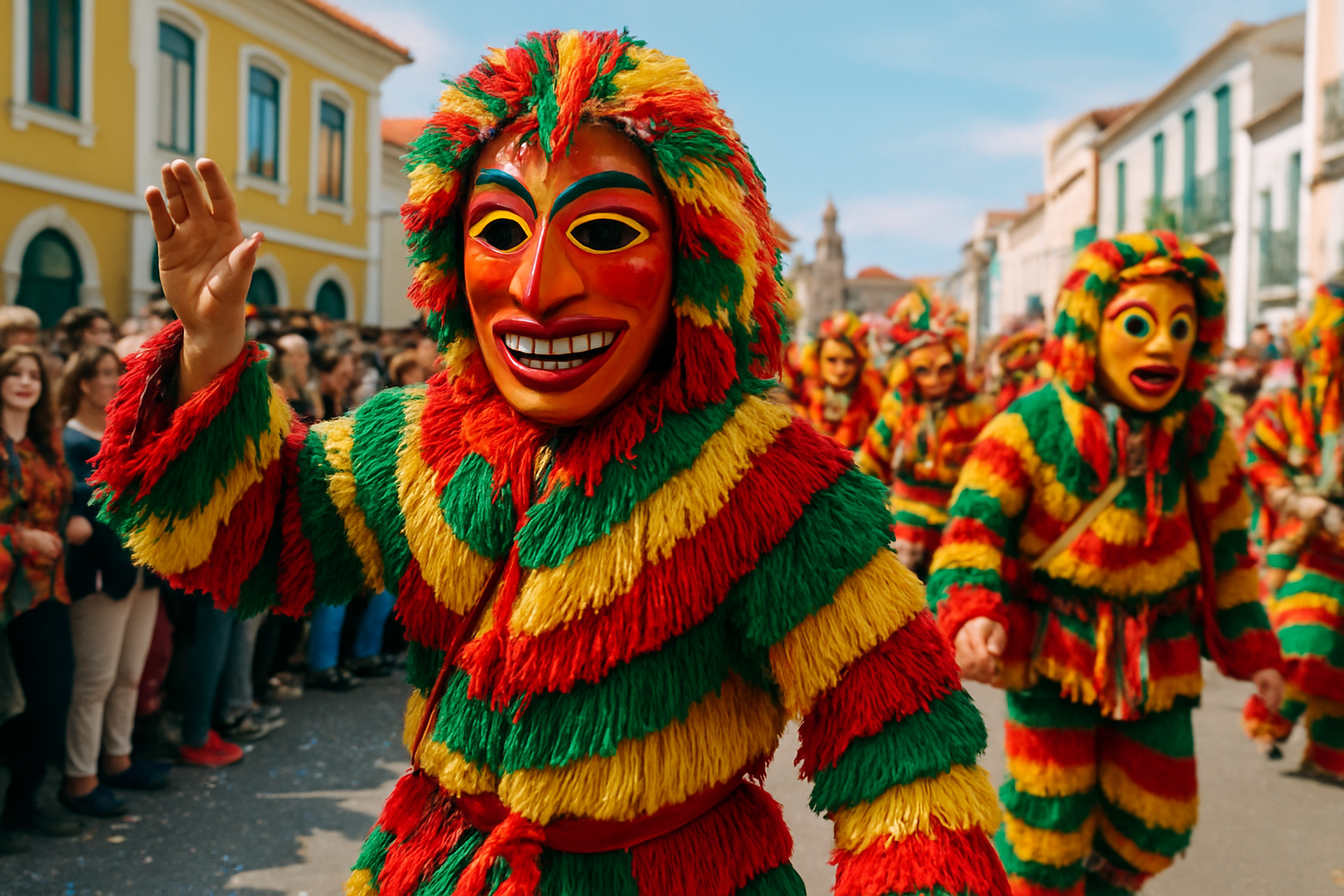 Photographie colorée d’un défilé de carnaval avec des masques traditionnels et des costumes typiques portugais