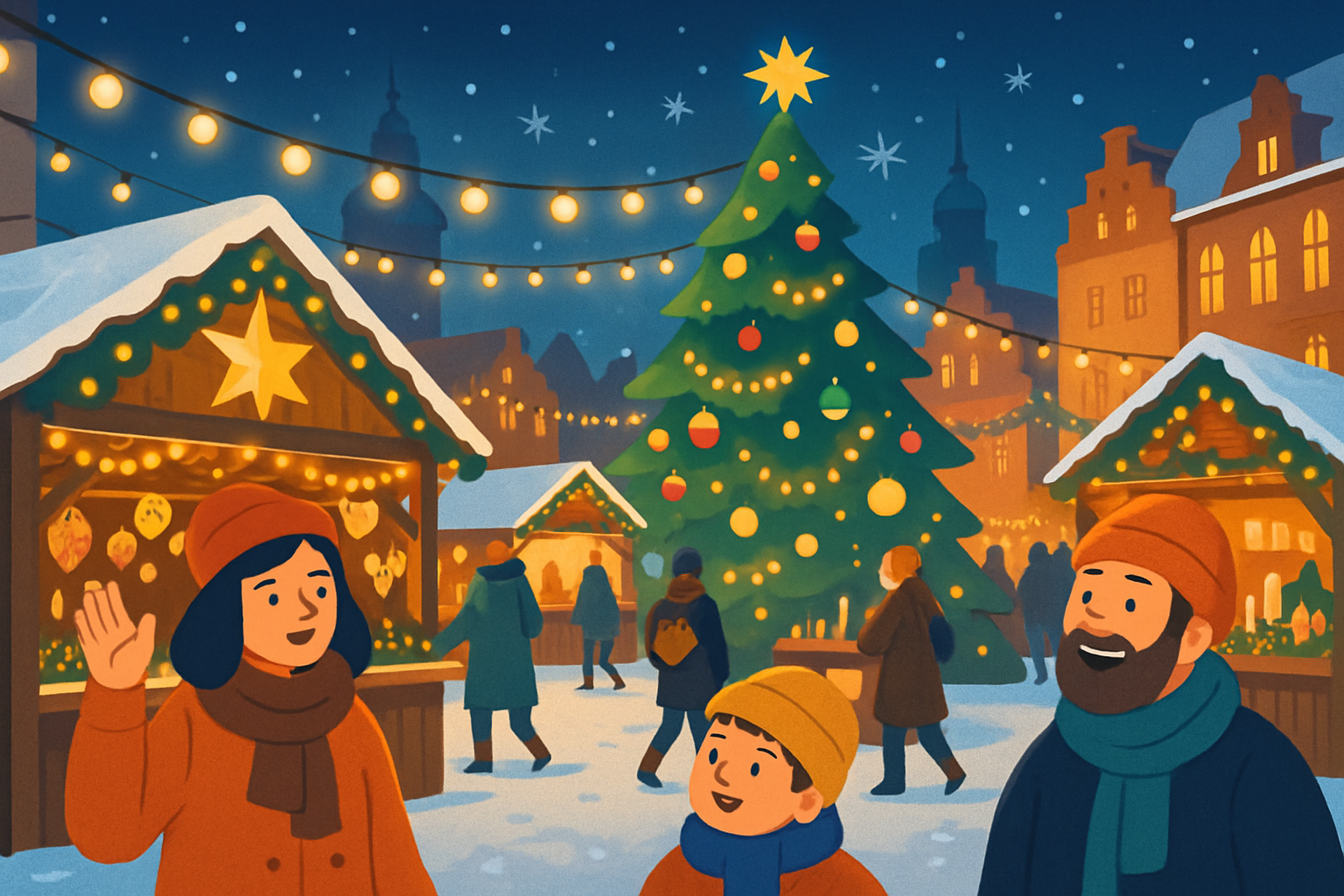 Vue panoramique d’un marché de Noël typique en Pologne, en soirée, avec illuminations et activités festives