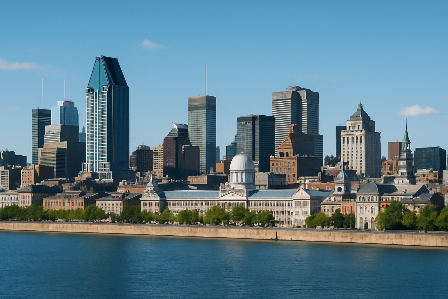 Panorama de la ville de Montréal montrant son mélange unique d’architecture moderne et historique au bord du fleuve Saint-Laurent.