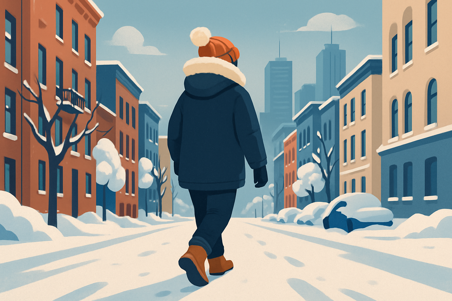 Scène d’hiver montréalais avec une personne en habits d’hiver marchant dans une rue enneigée en centre-ville.