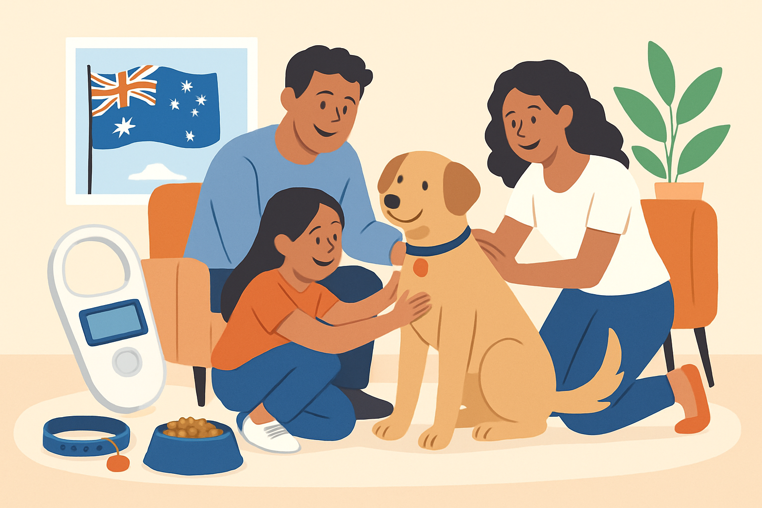 Accueil chaleureux d’un chien adopté en Australie avec les accessoires et équipements nécessaires