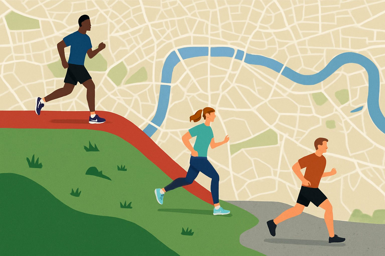Illustration des différentes séances clés d’un plan d’entraînement pour semi-marathon, avec un fond discret de la carte de Londres.