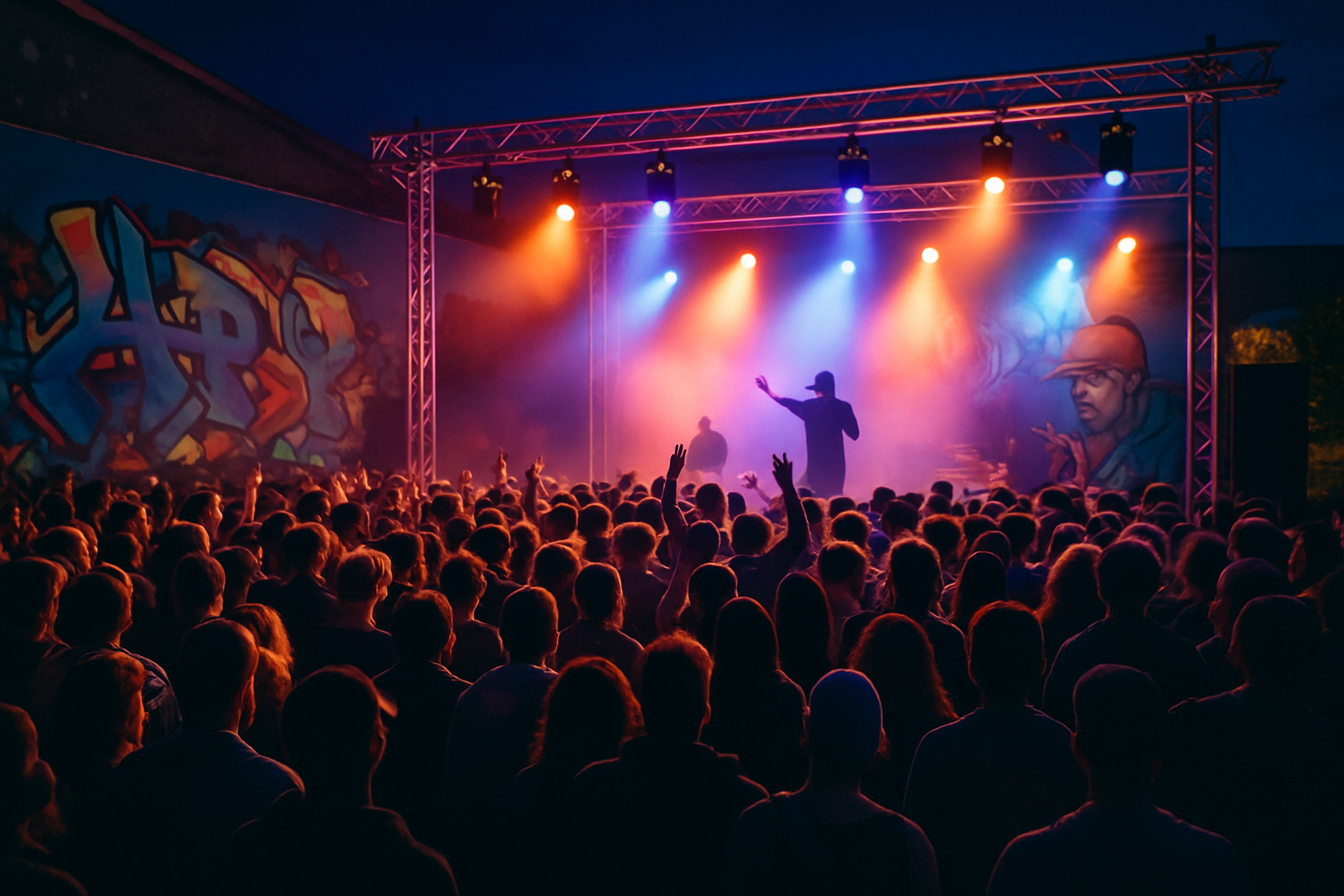 Scène d'un festival hip-hop en plein air en France, illustrant l'atmosphère dynamique et festive typique des événements 2025.