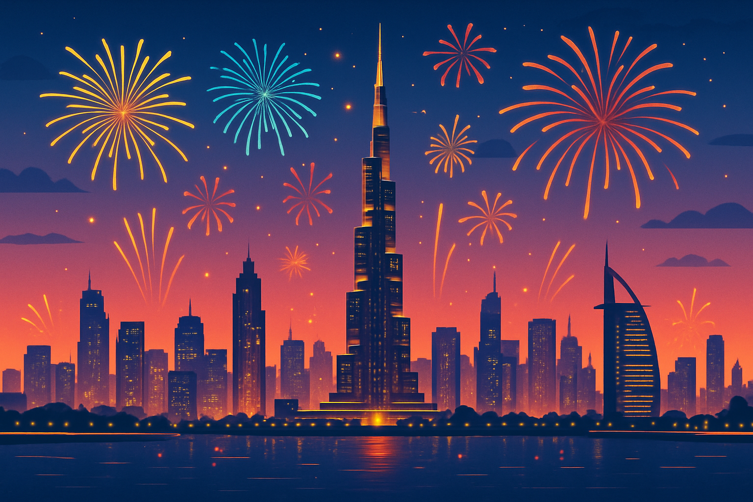 Vue panoramique de Dubaï lors d’une célébration de jour férié, montrant l’ambiance festive et les monuments emblématiques.