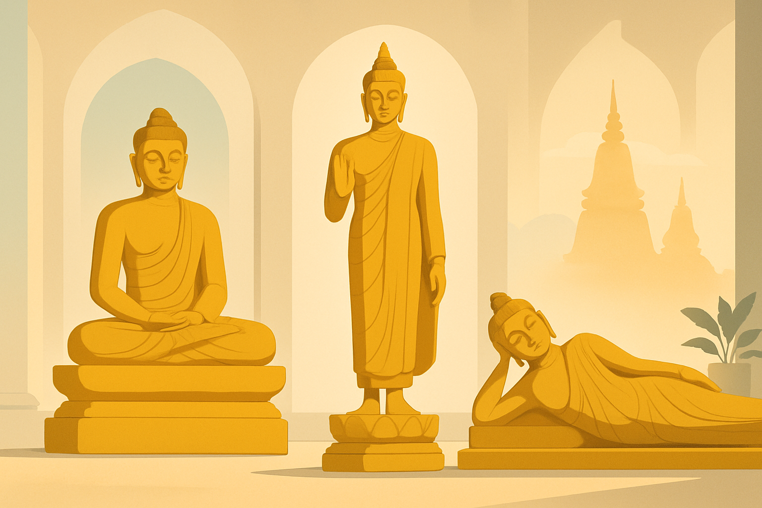 Représentation des trois postures principales du Bouddha : assis en méditation, debout en enseignement et couché au Nirvana.