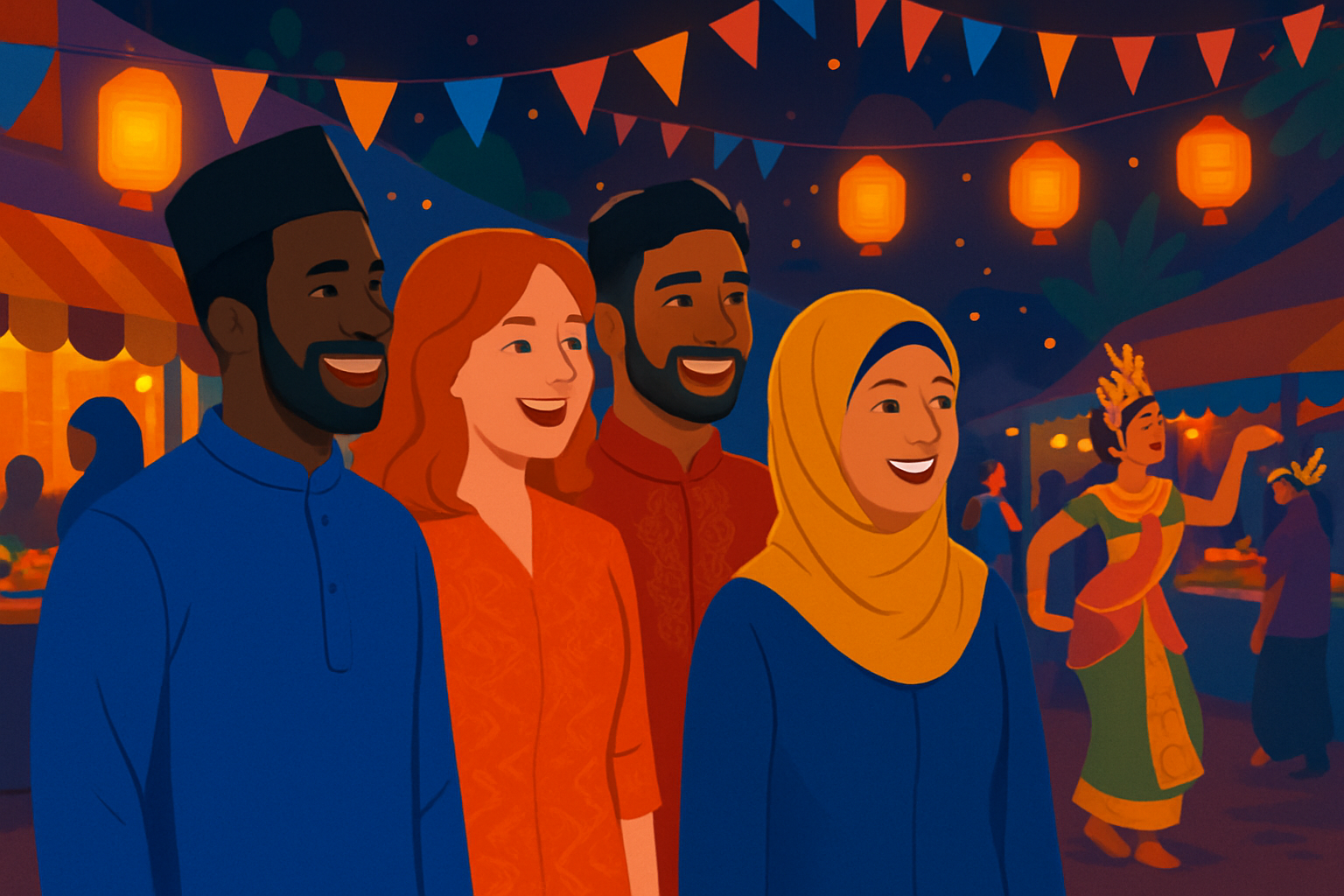 Expatriés profitant d'un festival culturel vibrant en Malaisie, illustrant la richesse sociale et communautaire