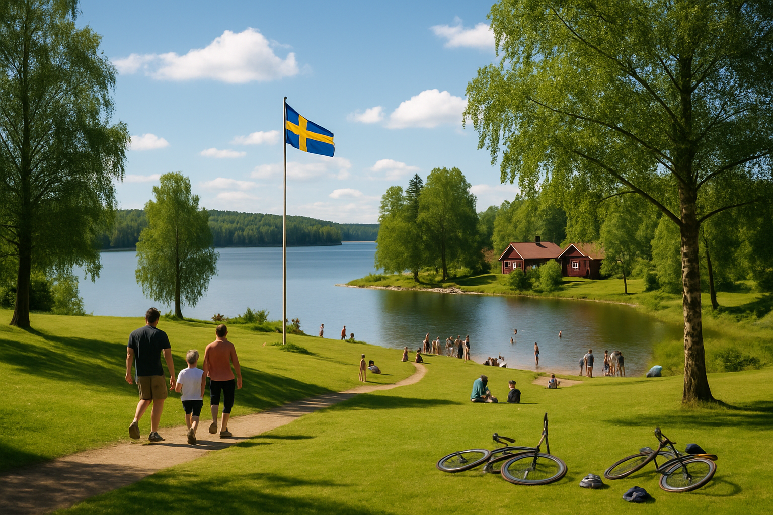 Paysage estival en Suède avec des familles et touristes profitant des activités en plein air