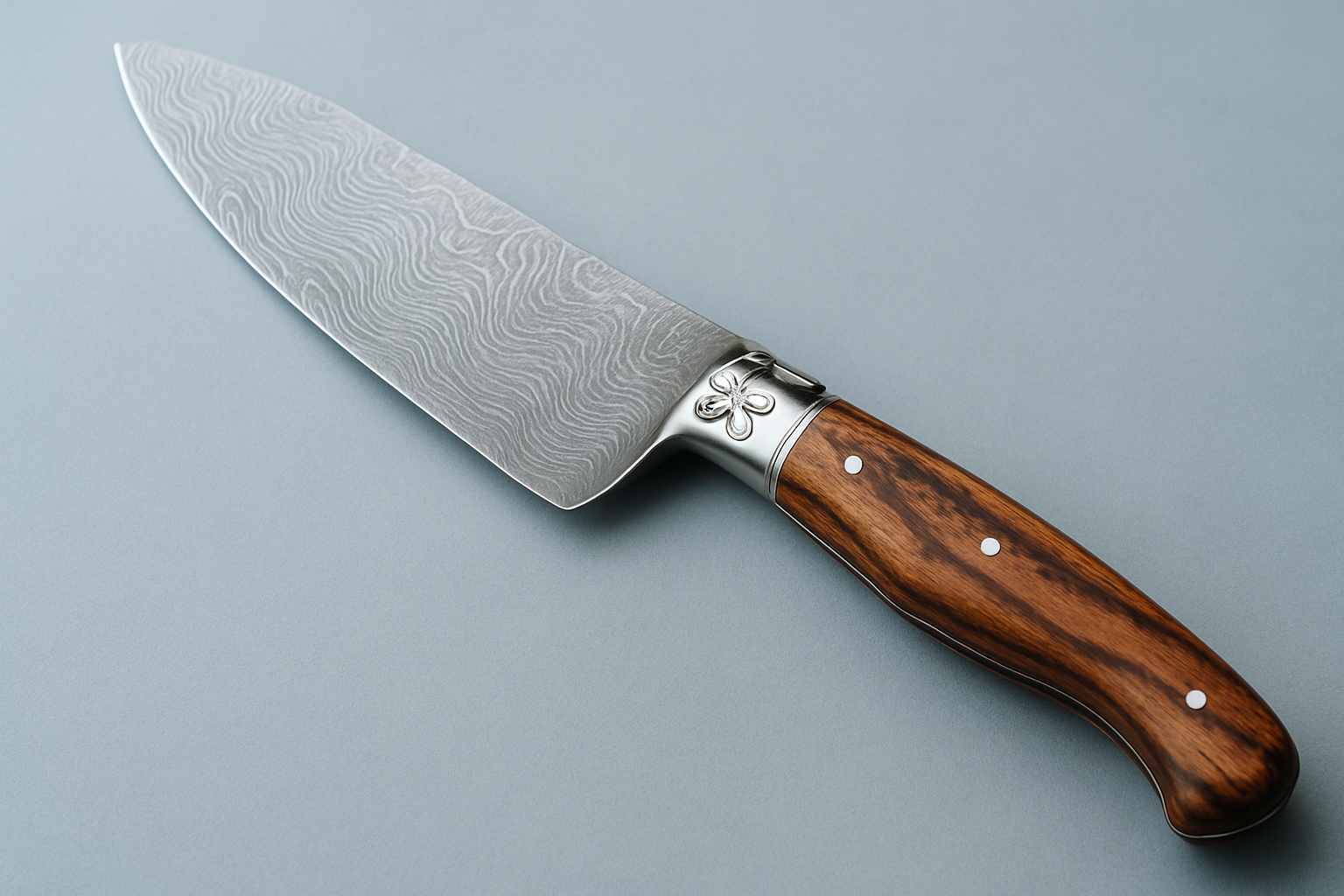 Détail d'un couteau de cuisine Laguiole authentique avec la lame polie, le manche en bois et l'abeille gravée.