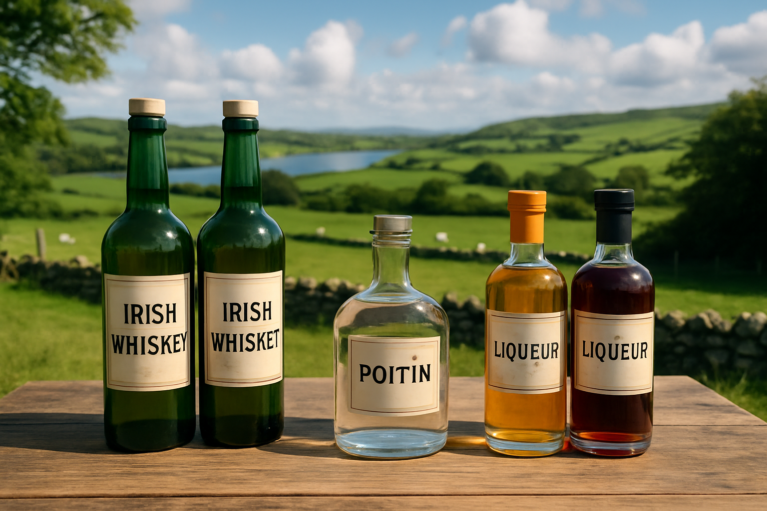 Sélection d'alcools irlandais traditionnels : whisky, poitín et liqueurs artisanales