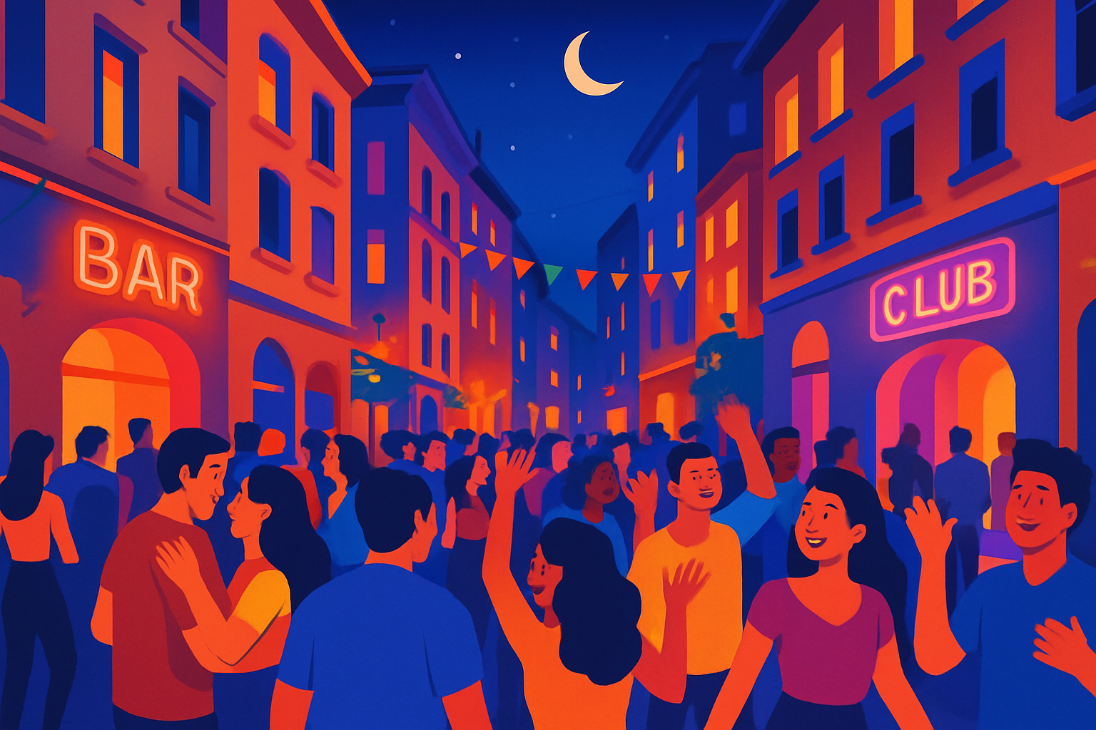 Soirée animée dans une rue emblématique de Milan, illustrant l'ambiance festive urbaine