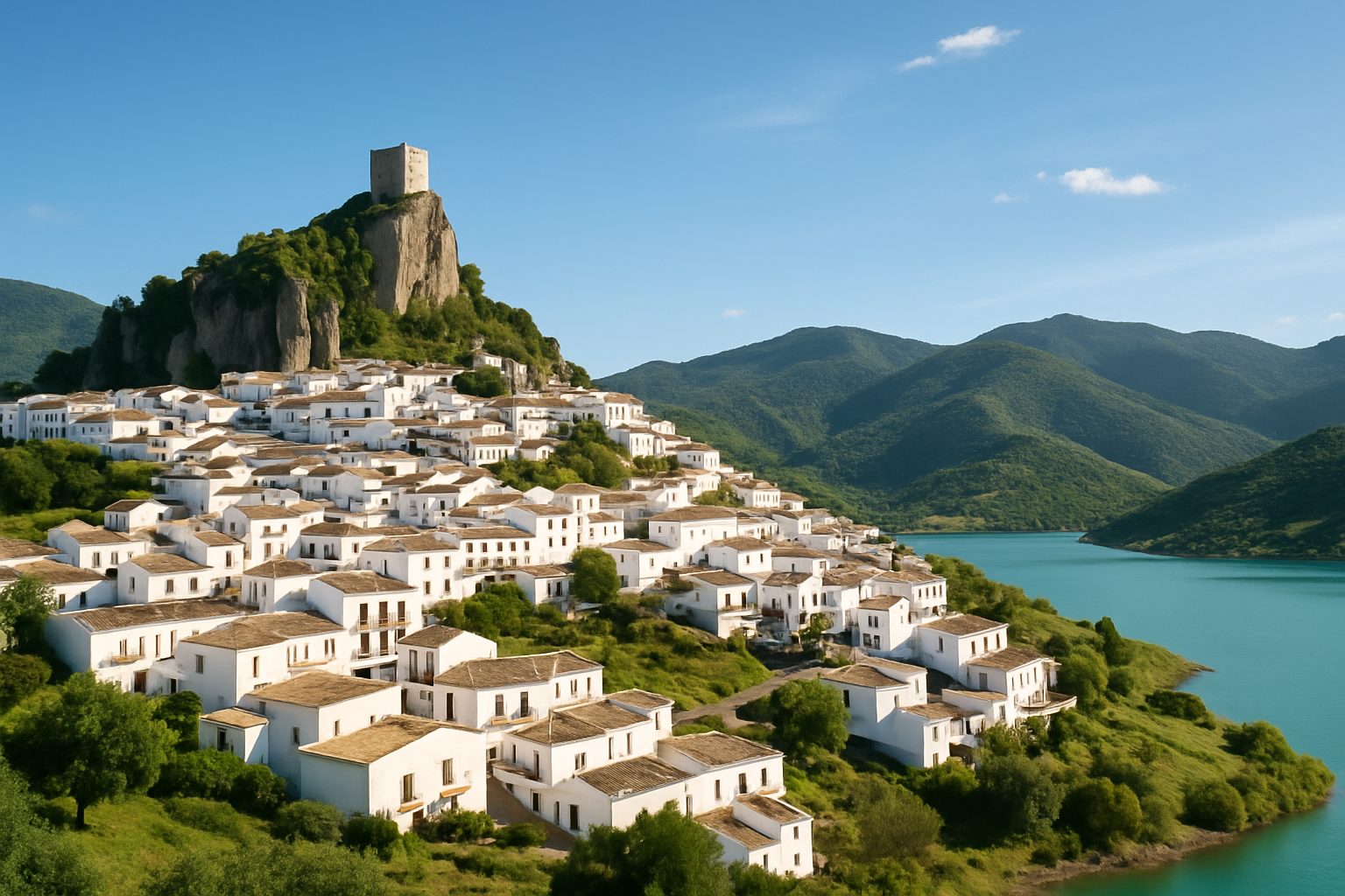 Vue panoramique de Zahara de la Sierra, son château médiéval, et le lac au pied des montagnes verdoyantes.