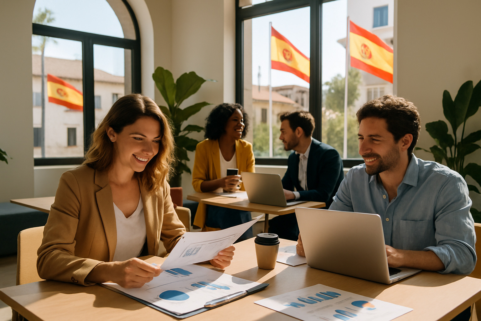 Espace de coworking moderne en Espagne où des entrepreneurs collaborent, soulignant le dynamisme entrepreneurial local.