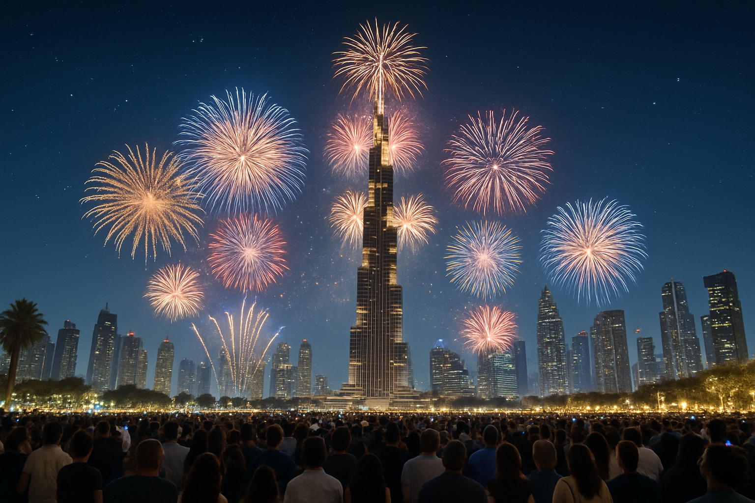 Feux d'artifice spectaculaires autour du Burj Khalifa à Dubaï pour le Nouvel An
