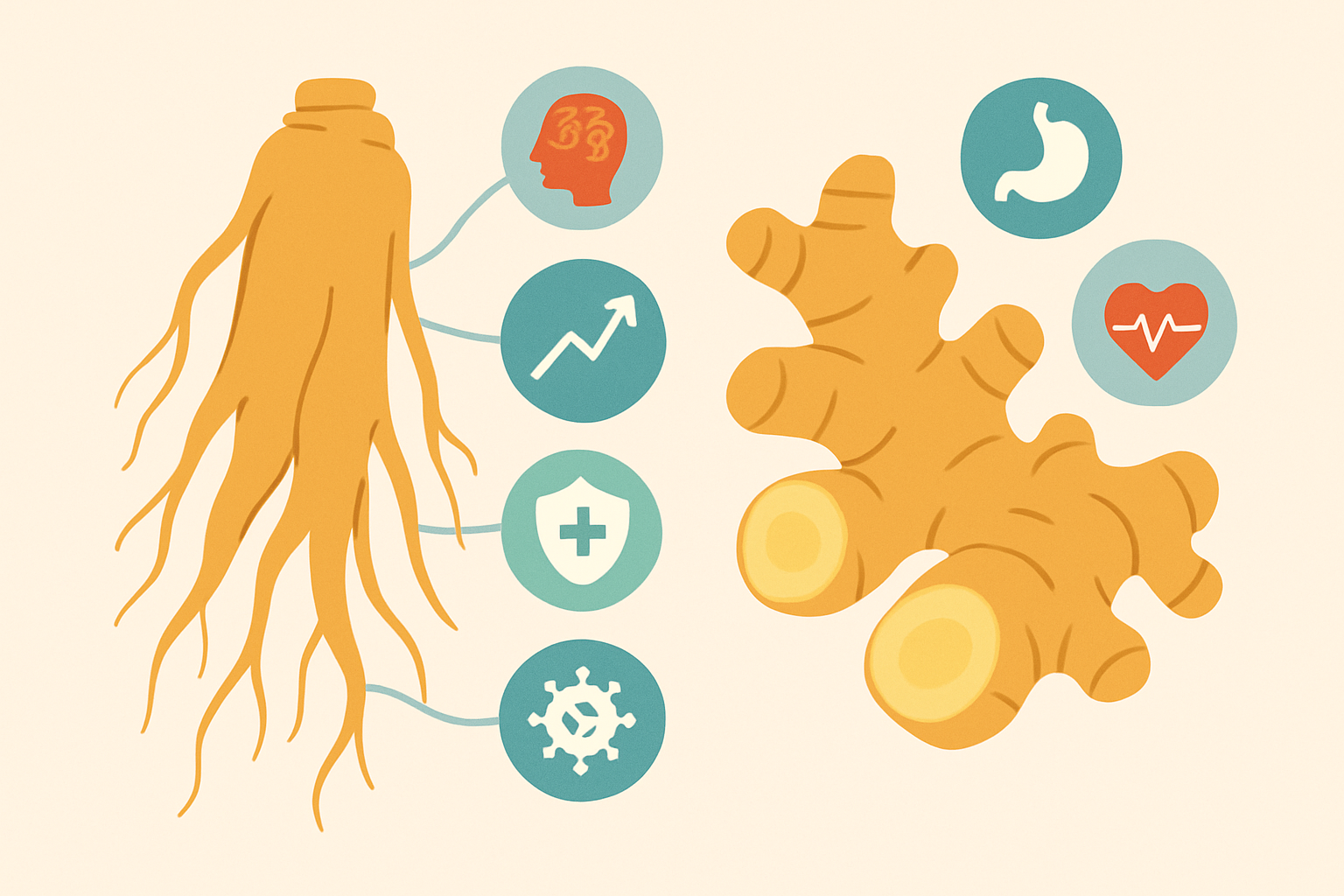 Comparaison visuelle des racines de ginseng et gingembre, mettant en avant leurs propriétés et utilisations santé.