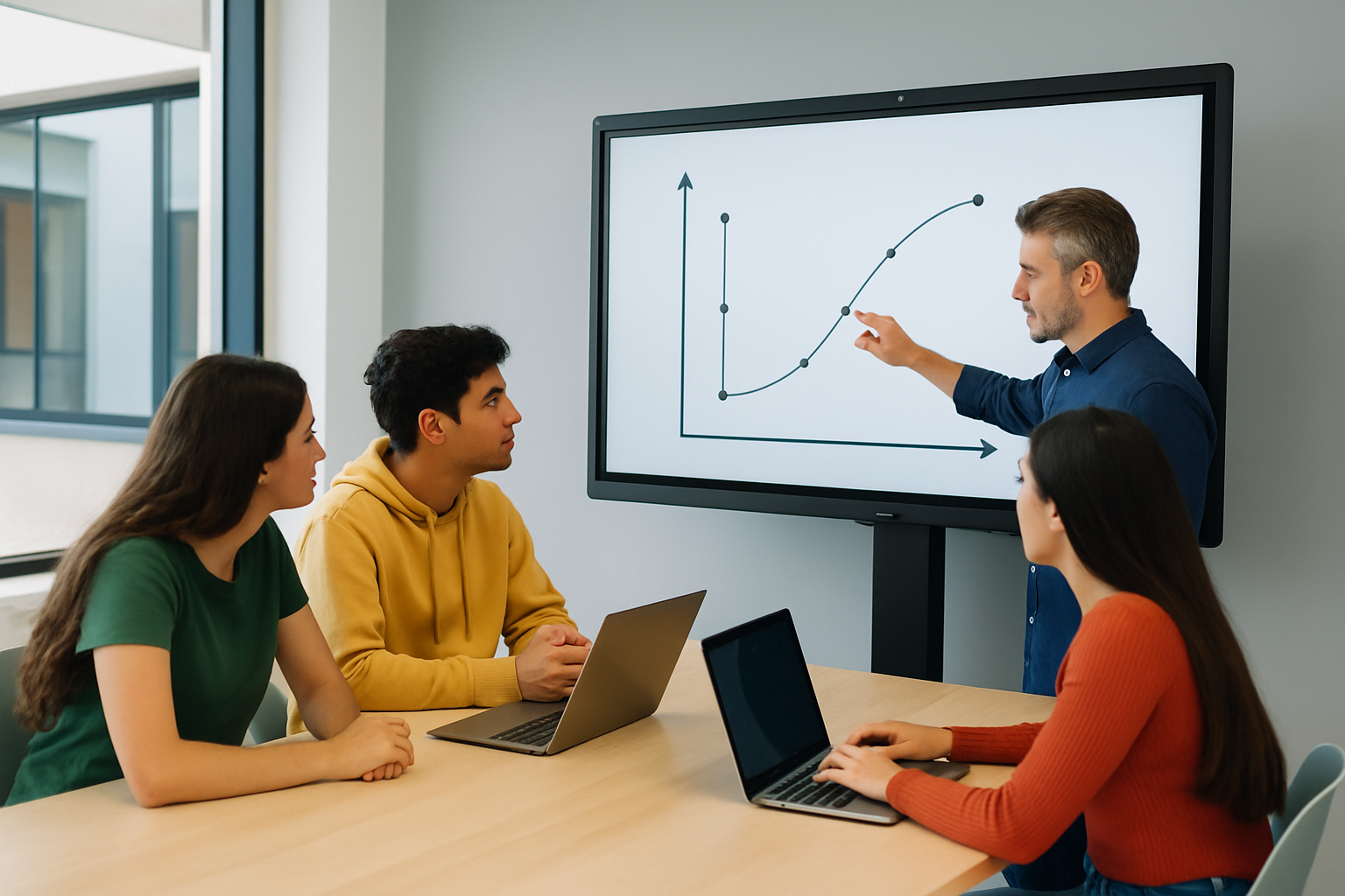 Une salle de classe moderne en Espagne mettant en avant l’interaction entre étudiants et technologies éducatives.