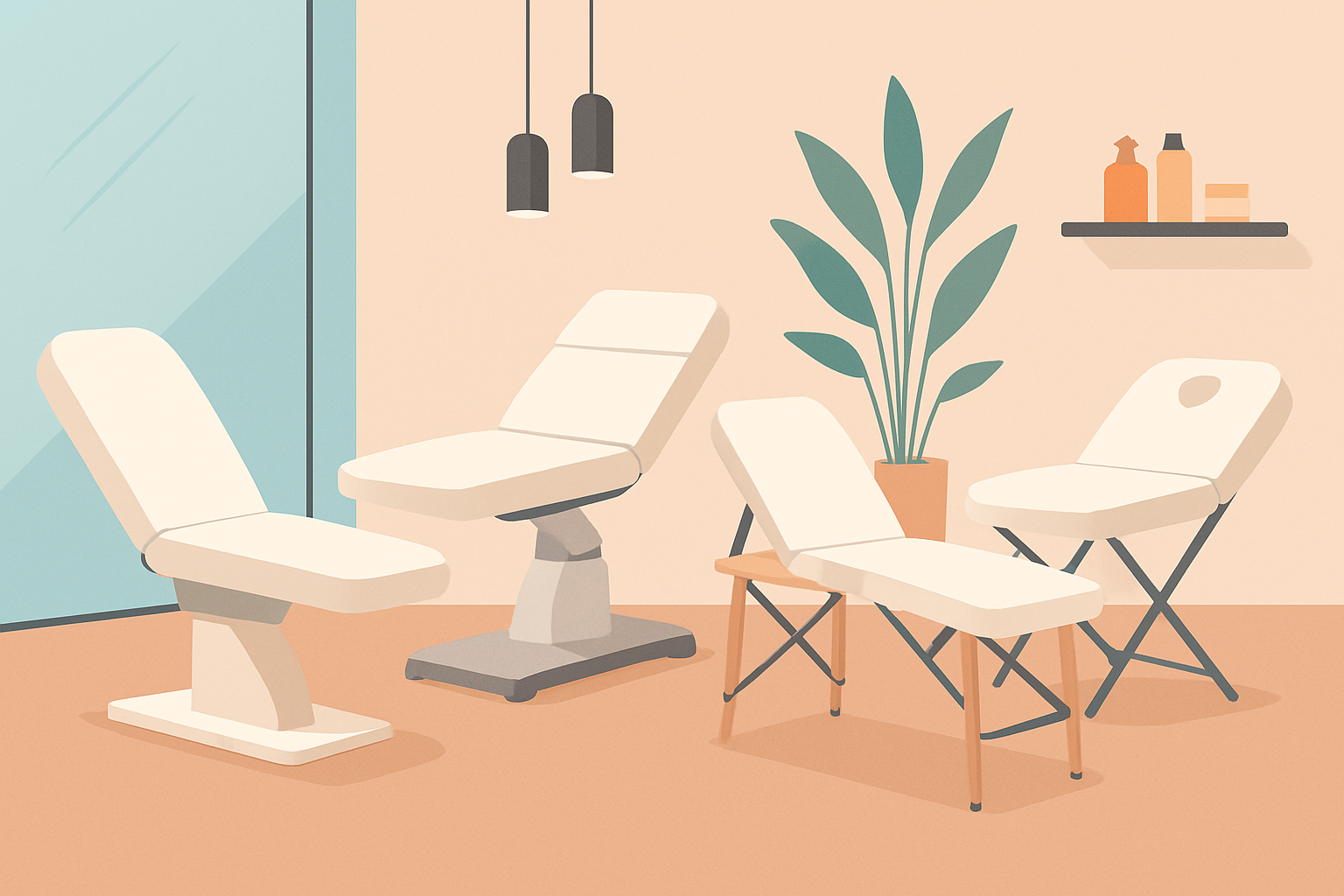 Illustration des différents types de tables d'esthétique : fixes, électriques, pliables et portables.