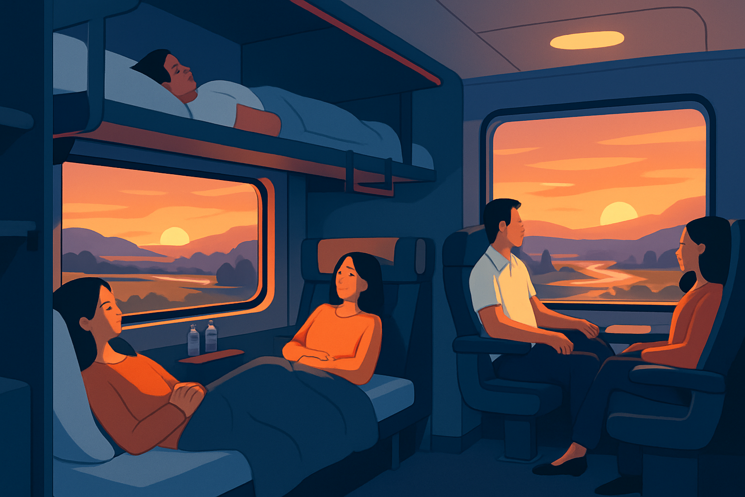 Intérieur moderne d'un train de nuit européen confortable avec passagers se relaxant sur des couchettes et sièges, vue panoramique au coucher du soleil