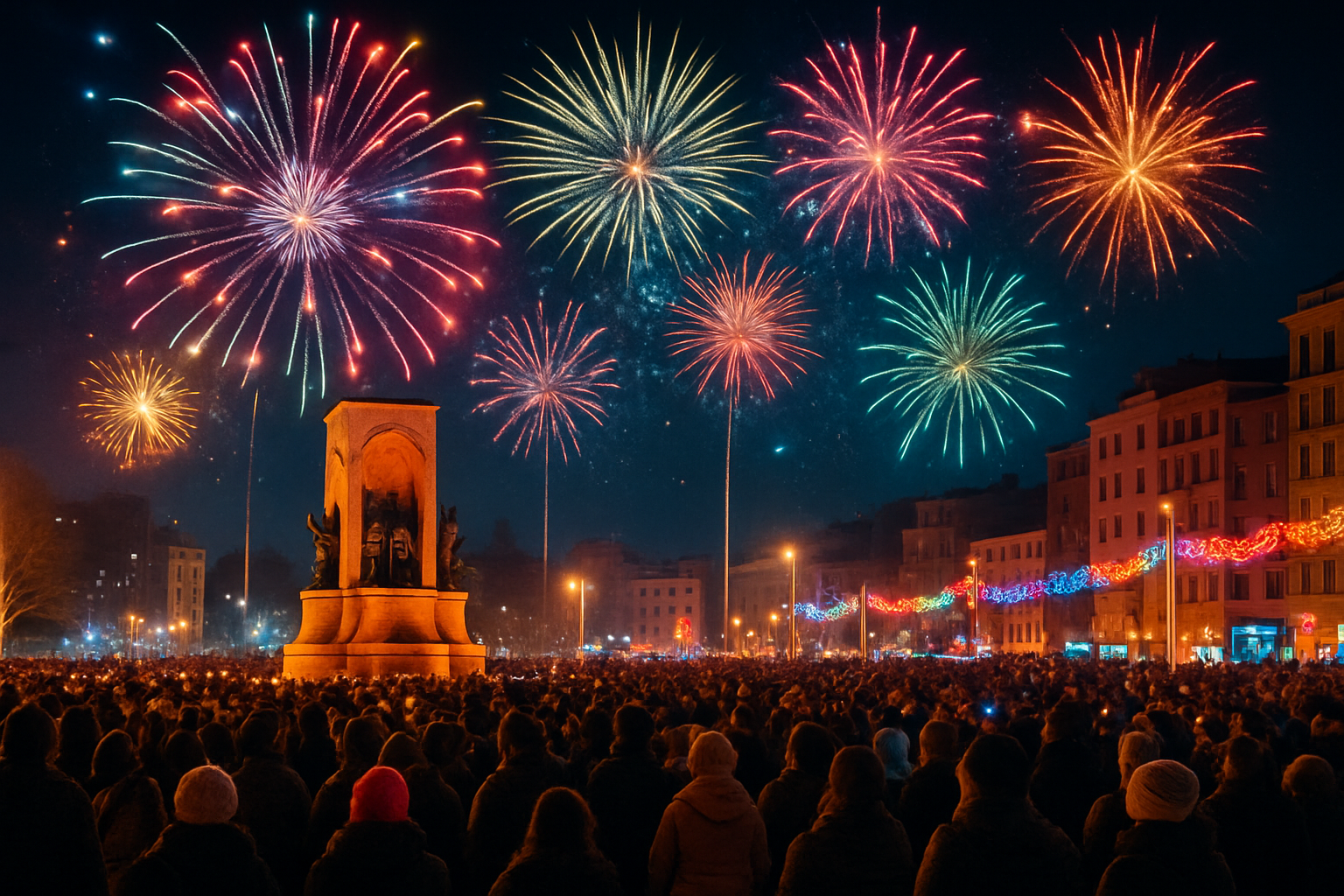 Feux d'artifice illuminant la place Taksim à Istanbul lors des célébrations du Nouvel An