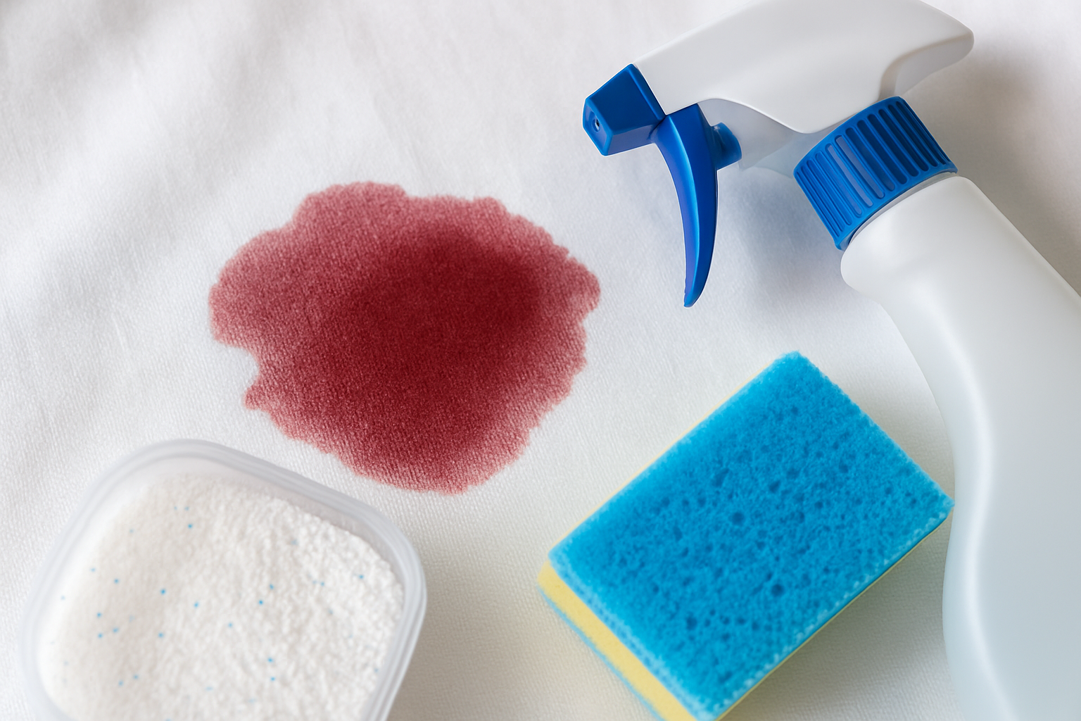 Vue rapprochée d'une tache de vin rouge sur un tissu en coton blanc avec les produits de nettoyage à disposition