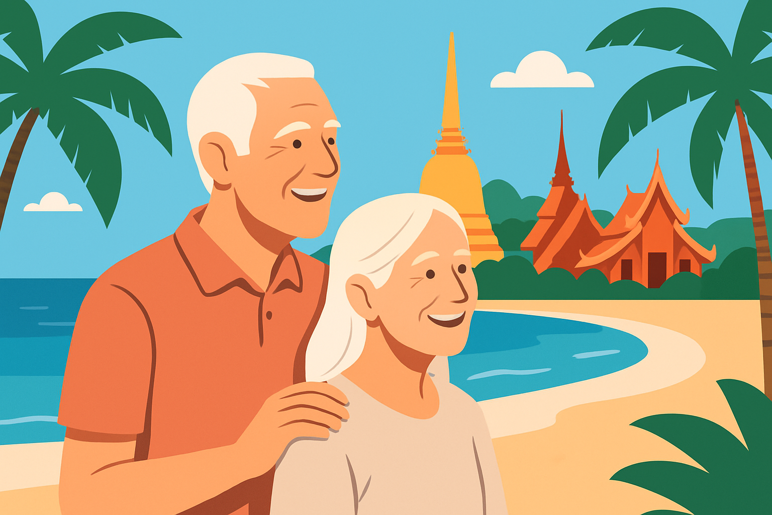 Couple de retraités profitant de la vie en Thaïlande avec plage tropicale et temple en arrière-plan