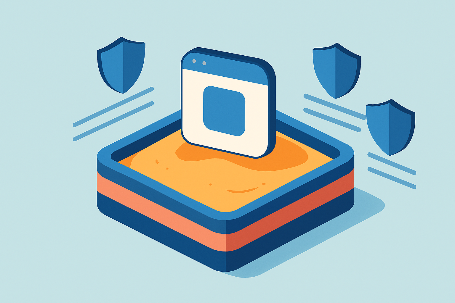 Représentation visuelle du concept de sandboxing, où une application est isolée dans un environnement sécurisé intangible.