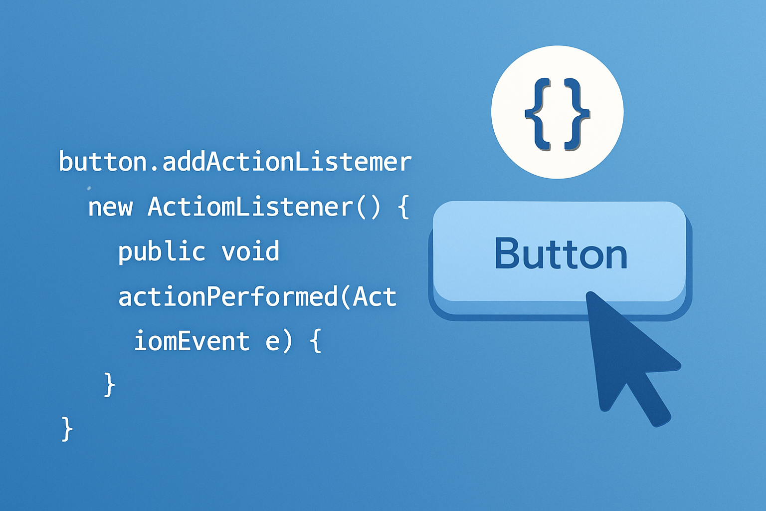 Extrait de code illustrant la mise en place d'un écouteur d'action sur un JButton en Swing, avec définition de la méthode actionPerformed.