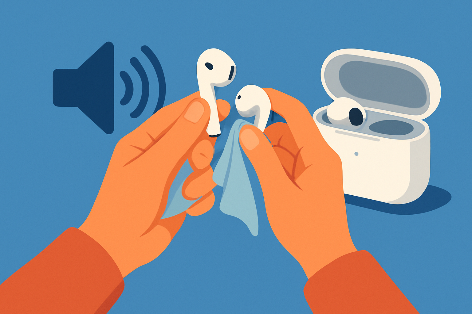 Illustration montrant un bon entretien des Airpods avec mise en avant des gestes clés pour préserver la batterie et les matériaux