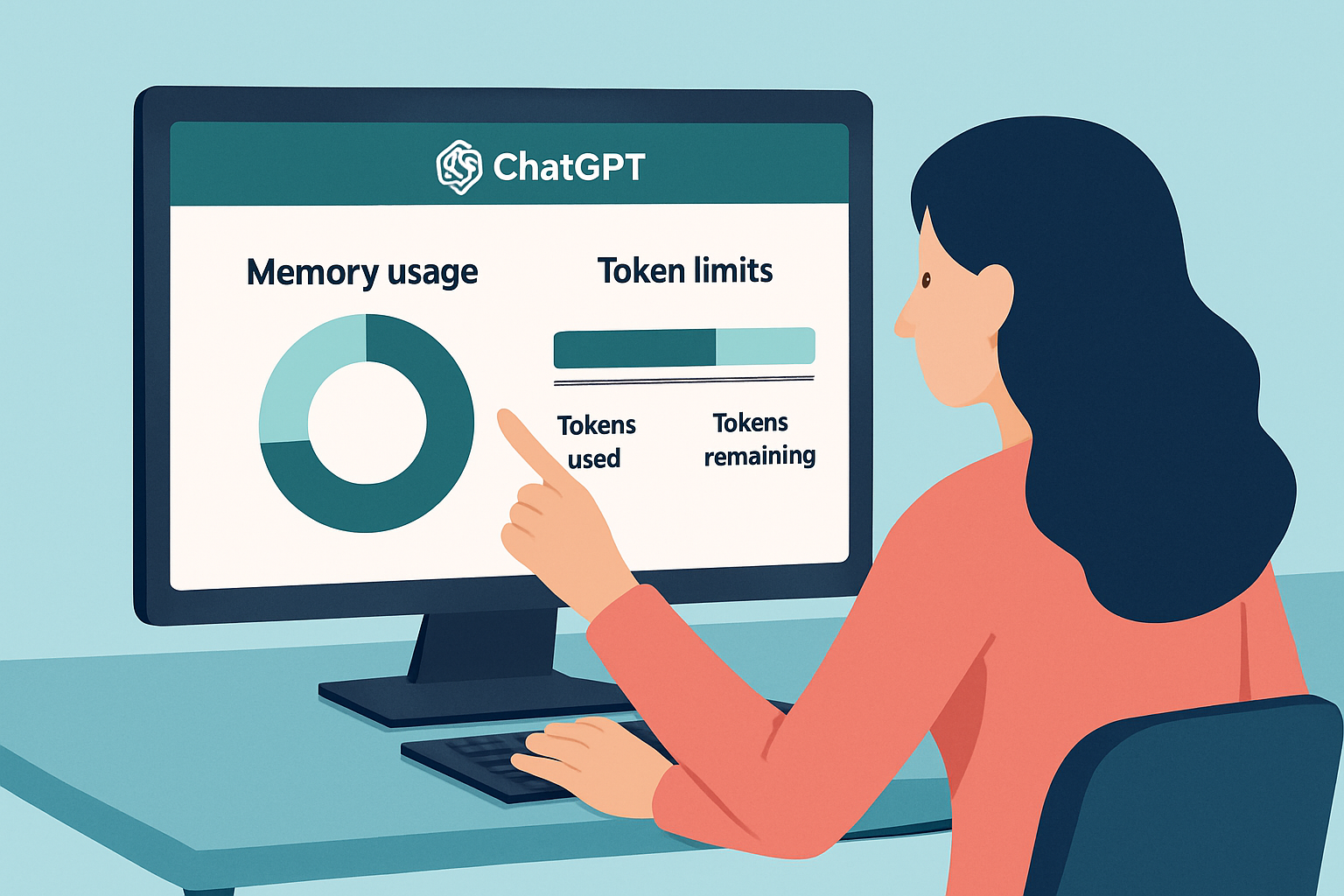 Interface ChatGPT affichant les statistiques d'utilisation de la mémoire et les limites de tokens
