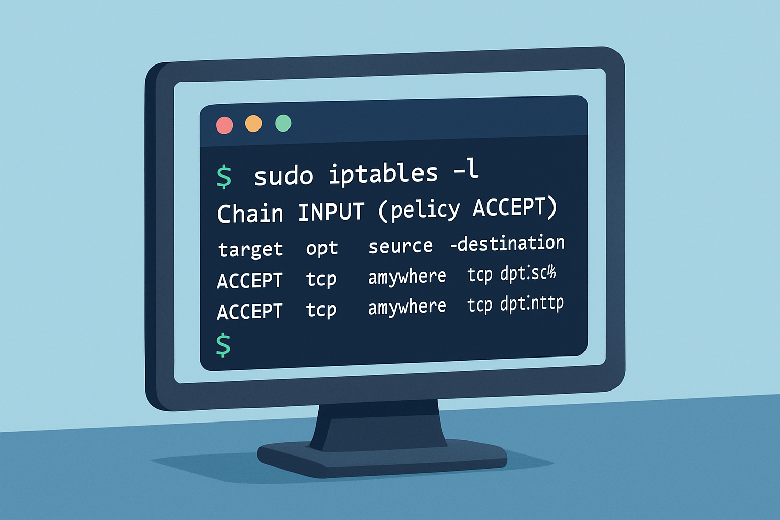 Exemple de règles iptables basiques affichées dans le terminal Linux