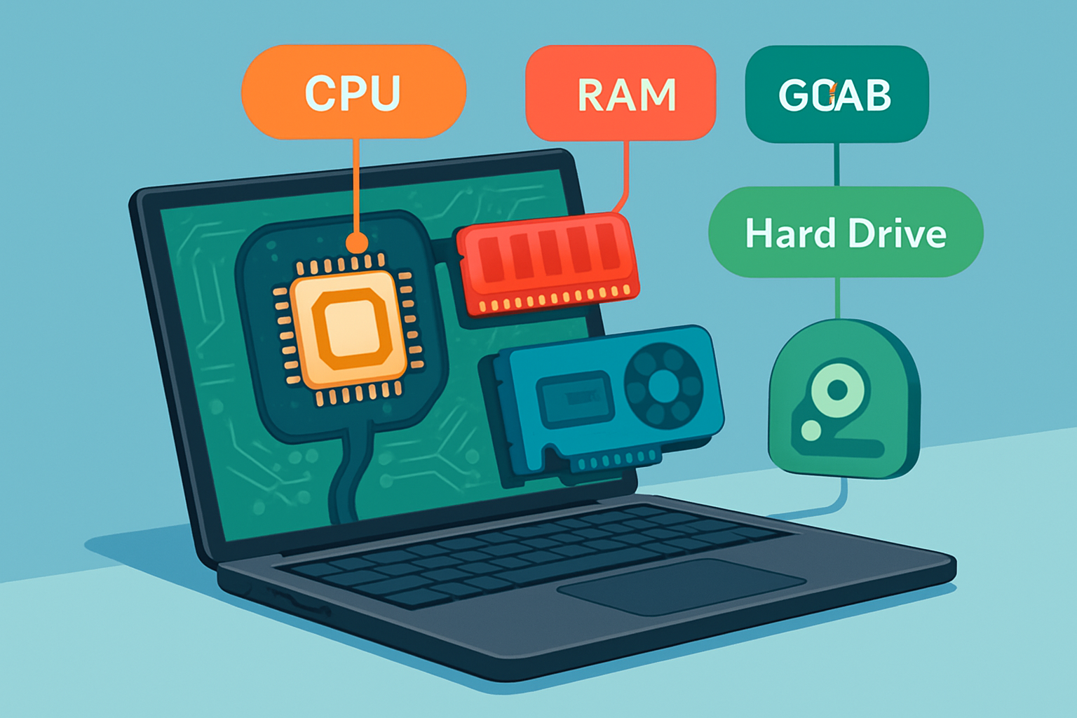 Vue détaillée des composants essentiels d’un PC portable avec leurs noms et fonctions.