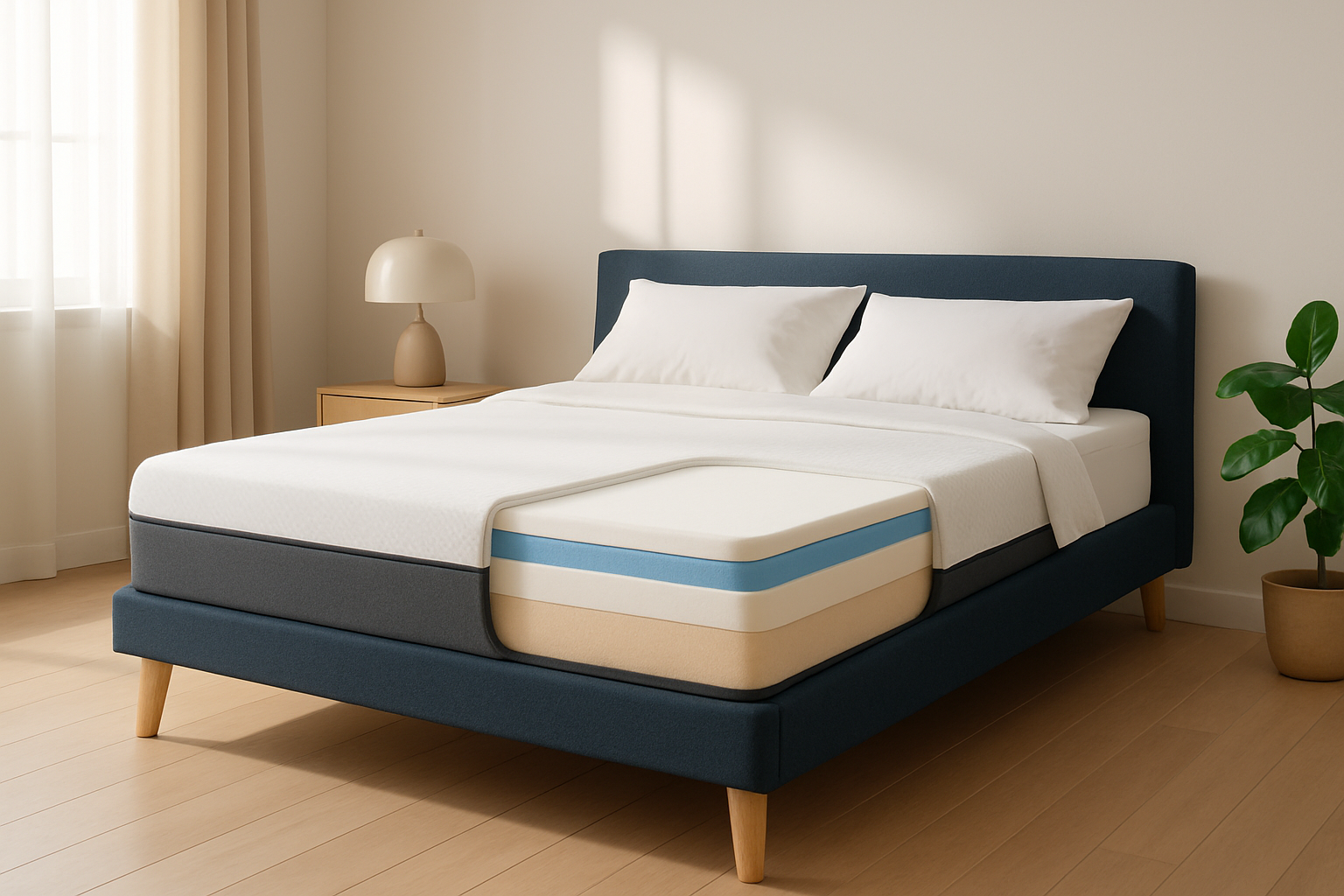 Présentation visuelle d’un matelas Emma dans une chambre moderne, illustrant son design et sa structure multi-couches.