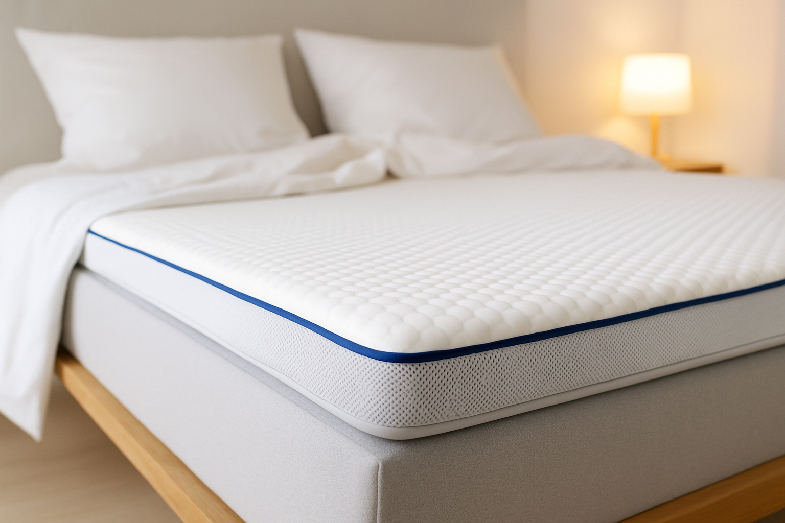 Surmatelas Tediber posé sur un lit, illustrant la qualité et le confort du produit.